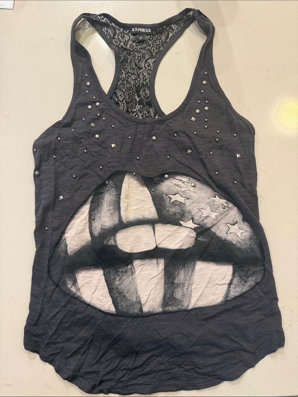 Express Charcoal Racerback Tank with Studded American Flag Lips Graphic